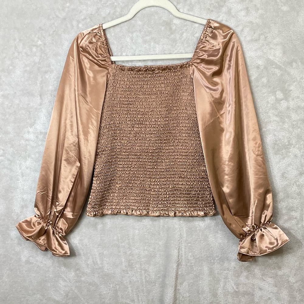 Marc New York Bronze Satin Puff Long Sleeve Smock Top Womens Sz XS